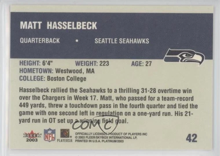 2003 Fleer Platinum Matt Hasselbeck #42 - Image 2 of 2