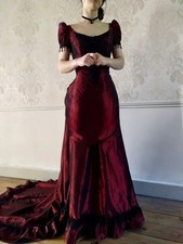 Burgundy Victorian Short Sleeve Wedding Dress Medieval Vintage Lace Tie Ruffle