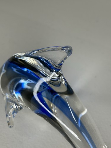 Hand Blown Glass Dolphin Unmarked Paperweight Decor Clear & Cobalt Blue - Picture 10 of 14
