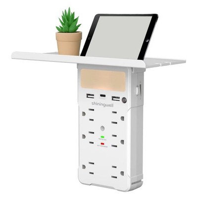 6 AC Wall Outlet Extender, Surge Protector, with Shelf & Night Light, White