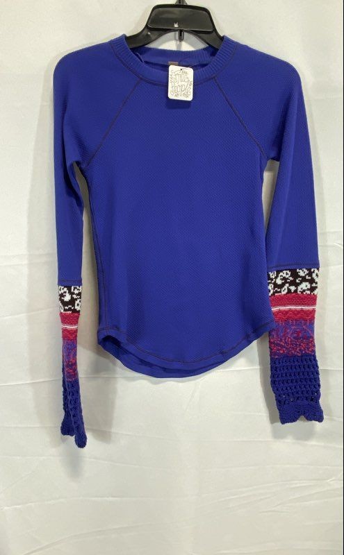 Free People Women's Blue San Jose Thermal Crochet Cuff Waffle Knit Top Sz S NWT