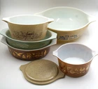 Vintage Pyrex Mushroom / Early American Dish Casserole / Dishes Set Lot of 6