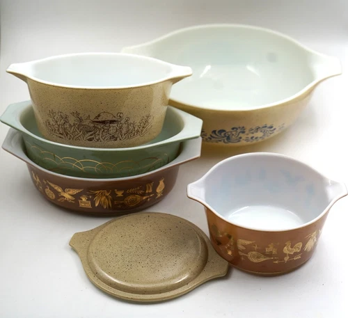 Vintage Pyrex Mushroom / Early American Dish Casserole / Dishes Set Lot of 6