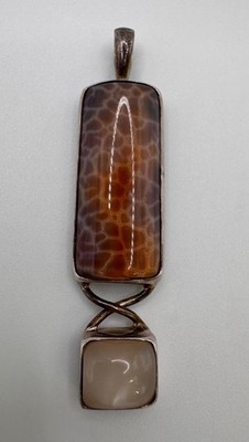 SY Sterling Silber Drachen Ader Achat & weißer Cabochon Anhänger signiert 925