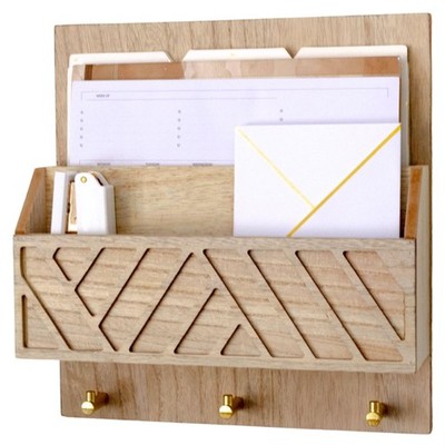 BLU MONACO Wall-Mounted Mail and Key Holder   Natural Wood 2-Tier Letter Orga...
