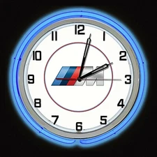 19" BMW M Series Sign Blue Neon Clock Chrome Case Bavarian Motor Works Man Cave