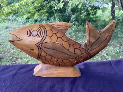 木彫り　鯉　carp fish レトロアンティーク　置物 Vintage KOI FISH Carved Teakwood CARP Ocean Fish Nautical Wood