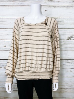 Final Touch Womens Sweater Sz M Beige Striped Round Neck Long Sleeve Buttons