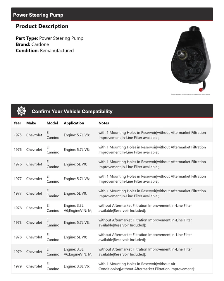 Bomba de dirección asistida Cardone 1976 1977 1978 para Chevrolet El Camino 1975-1979 Foto 2 de 4