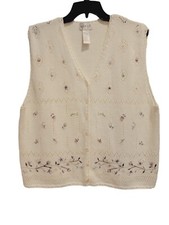 Koret Vintage Vest Women's Sz L Off White Floral Embroidery Knit Vest