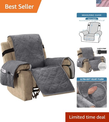 Elegant Velvet Recliner Chair Cover with Side Pockets & Washable Care - Grey