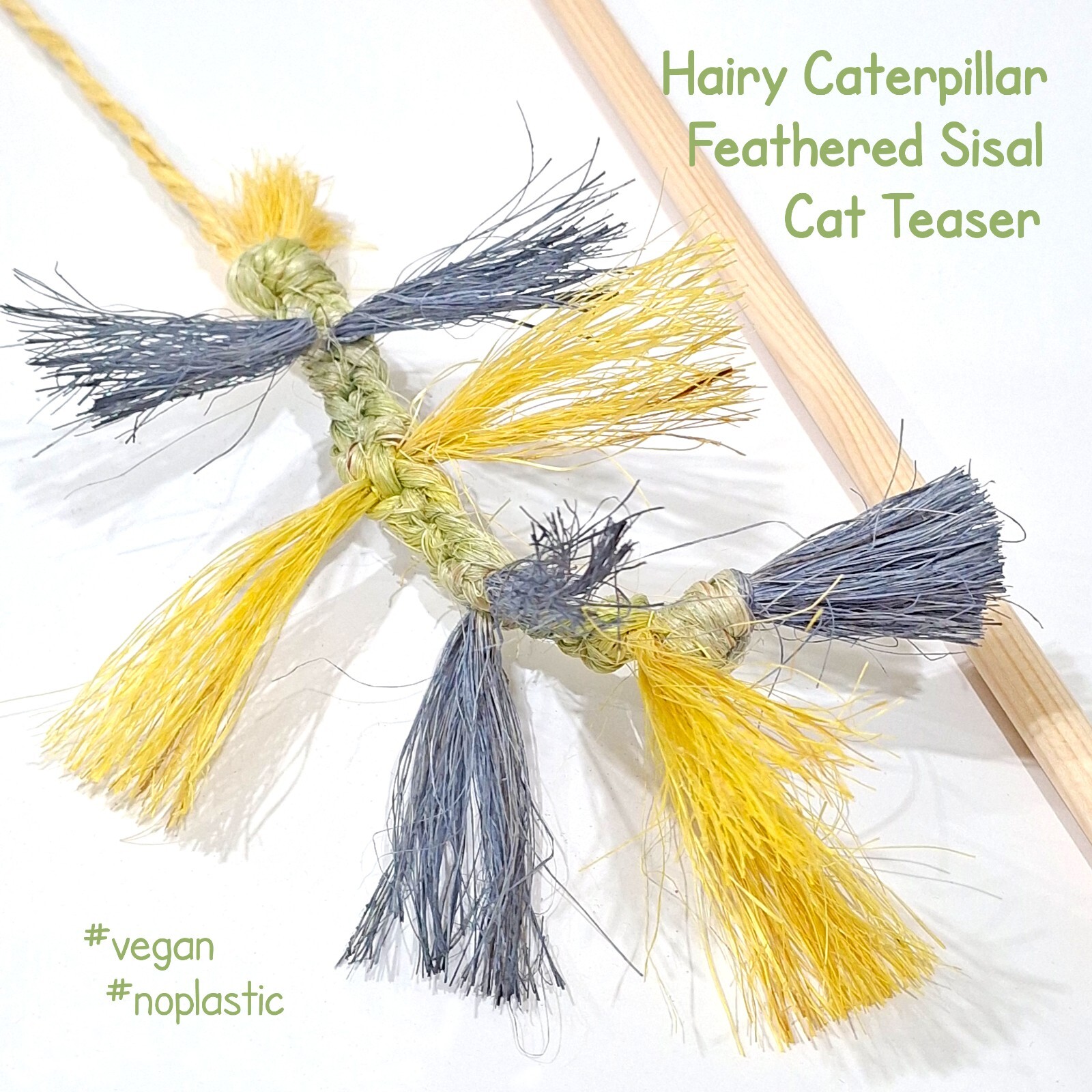 Vegan All-Natural Feathered Sisal Cat Teaser Stick Wand Chase Toy Blue & Yellow