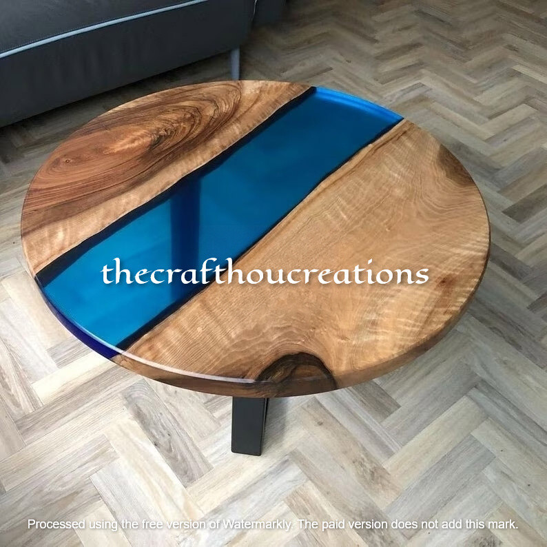 Blue Clear Epoxy Round Wooden Table Top, Epoxy Sofa Center Table Epoxy Decors