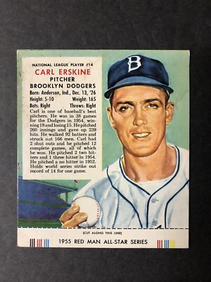1955 Red Man Carl Erskine 14 WITH TAB; NO creases, Bums Champions!