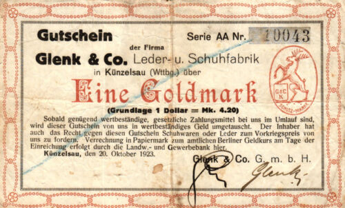 Künzelsau Glenk & Co. 1 Goldmark 1923 - Bild 1 von 2