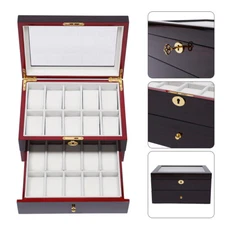 20 Slot Wood Watch Box Display Case Glass Top Jewelry Storage Organizer Box+Lock