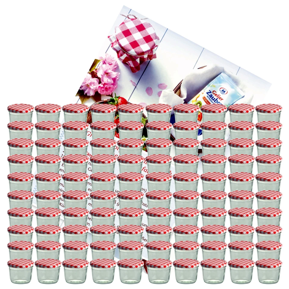 100er Set Sturzglas 230 ml Marmeladenglas Einmachglas rot kariert mit Rezeptheft