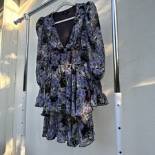Black & Purple Floral Ruffled Mini Dress Size Small