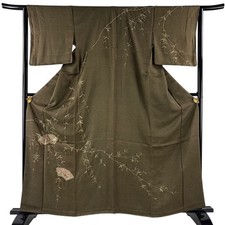 Japanese Silk Houmongi Kimono M 160cm Brown Leaves and fruits Fan face Excellent