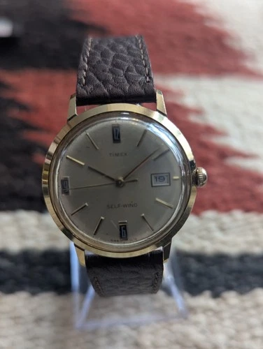 Vintage Timex Self-Wind Men's Automatic Watch Ticks Parts Gold Case