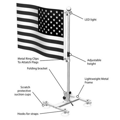 THE BEAST! - PREMIUM CAR FLAG POLE W/ USA FLAG Up To 4 Feet Tall W/ LED Light