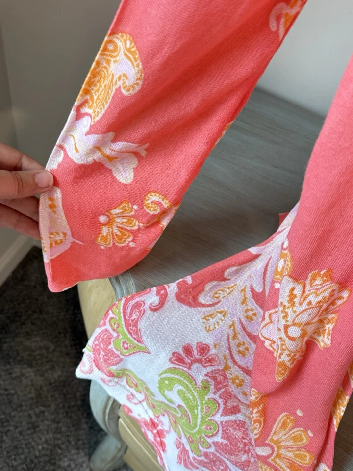 Cárdigan Plumero CHICOS 1 M Long Line Frente Abierto CORAL PAISLEY Costero Foto 3 de 4