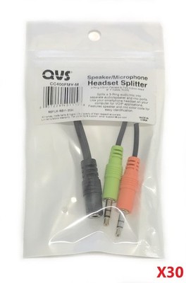 Lot of 30 NEW QVS CC400FMY-M 6'' 3.5mm Headset Splitter 3-Ring Female to 2x Male
