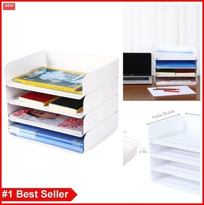 Stackable A4 Paper Trays 4 Tier File Holder White Desk Organizer Document