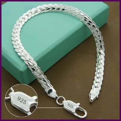 925 Sterling Silver Bracelet 6mm 18/20cm Flat Side Chain Lobster Clasp Bracelet
