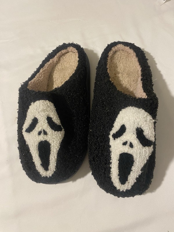 Women’s Slip-On Ghost Face Slippers Black White Comfort Rubber Sole Scream Face