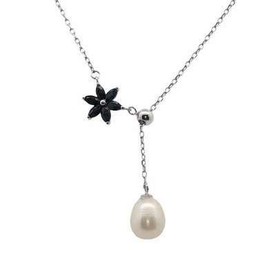 NEU Sterling Silber Saphir Blume und Perle Halskette