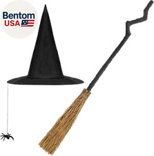2 Pcs Halloween Witch Broom and Hat Set, Adjustable Broomstick