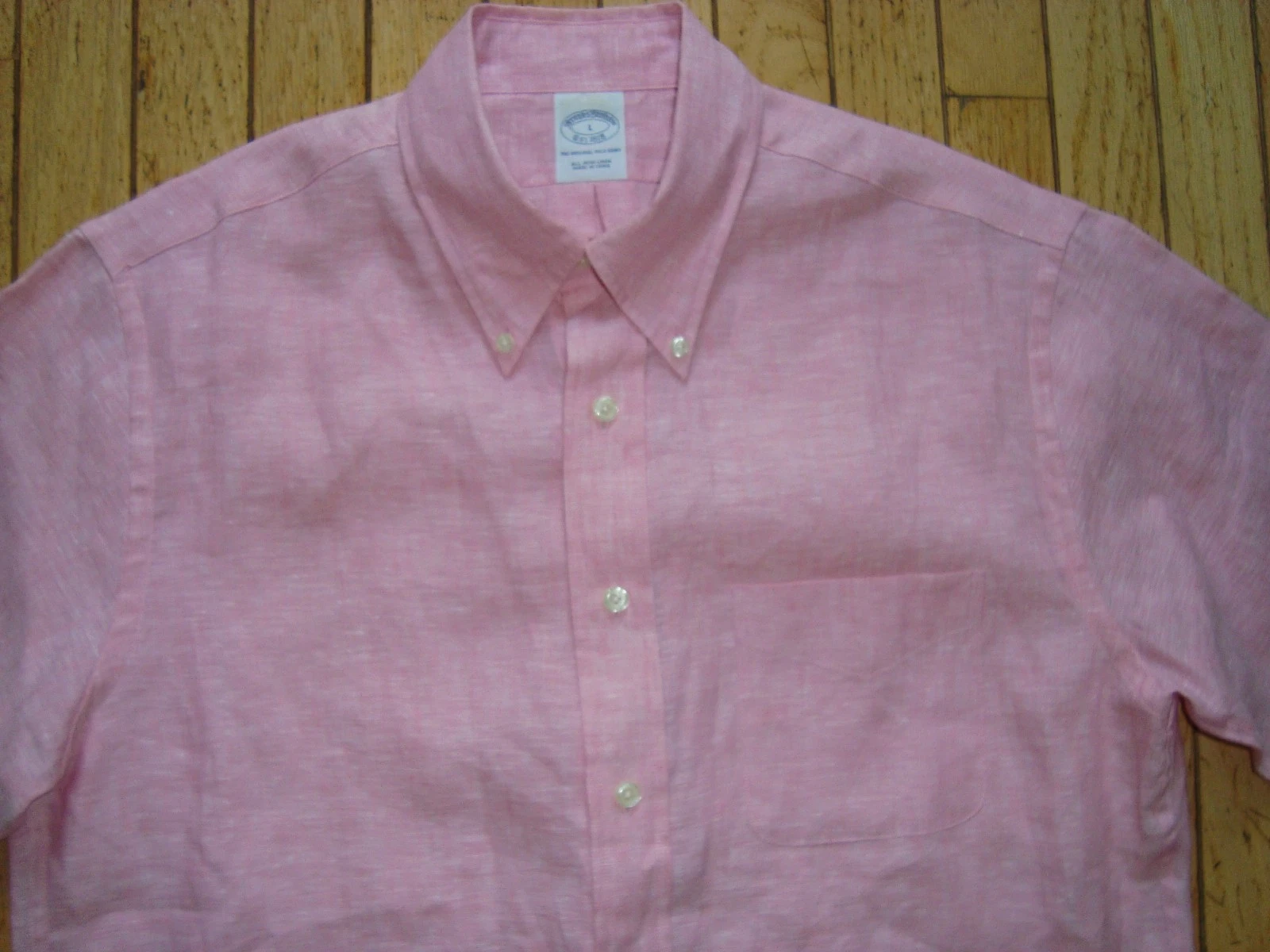 BROOKS BROTHERS MEN'S 100% LINEN SHORTSLEEVES PINK SHIRT SIZE LARGE HARDLY WORN!