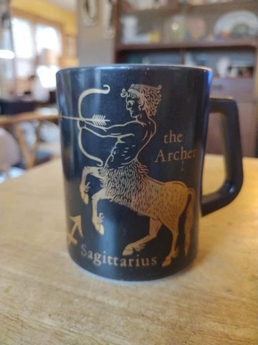 Vtg Zodiac Sagittarius Coffee Mug Cup Horoscope Federal Black Milk Glass