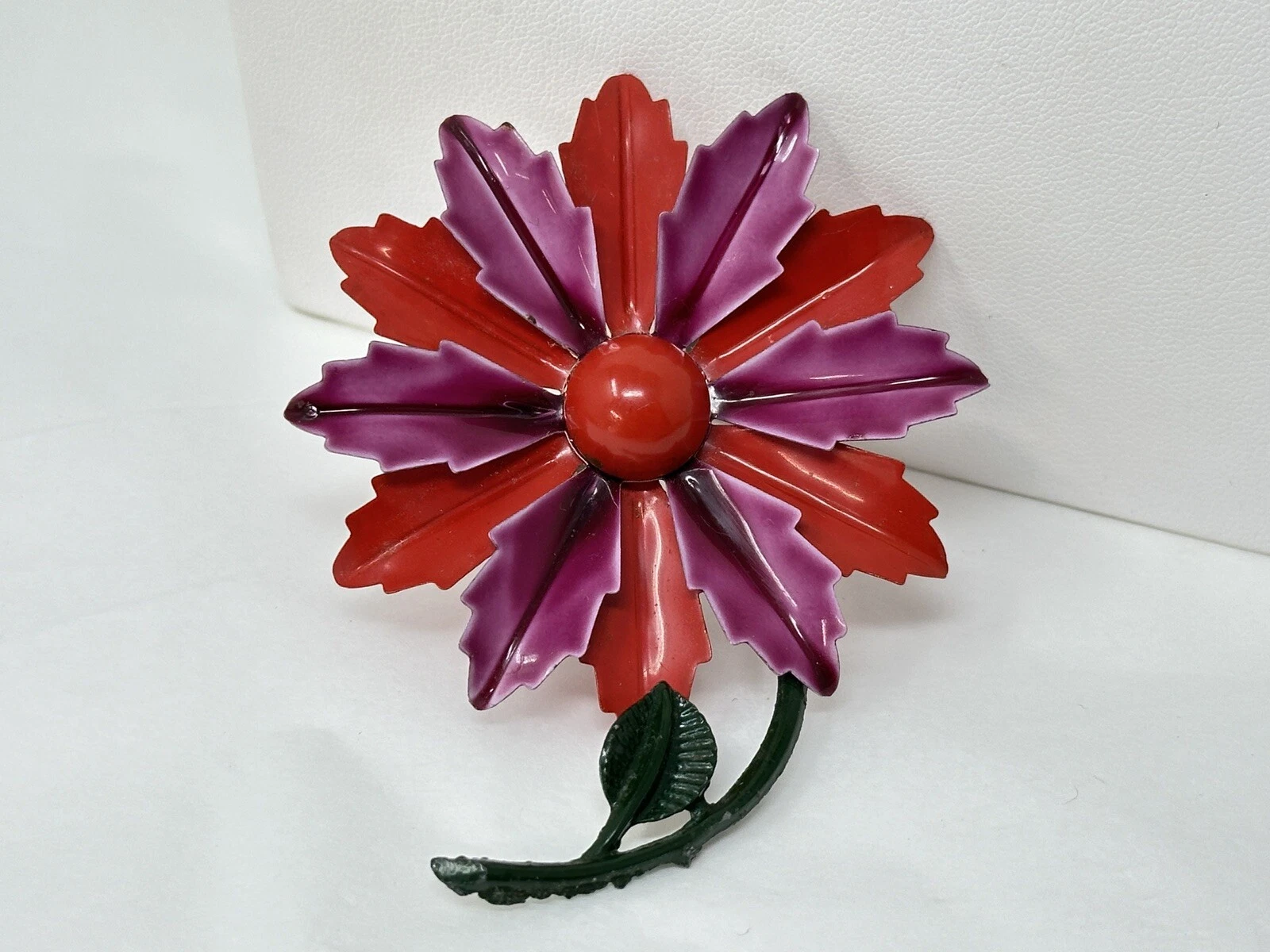 Vintage Green Red Magenta Enamel 2-3/4" Flower Brooch Pin
