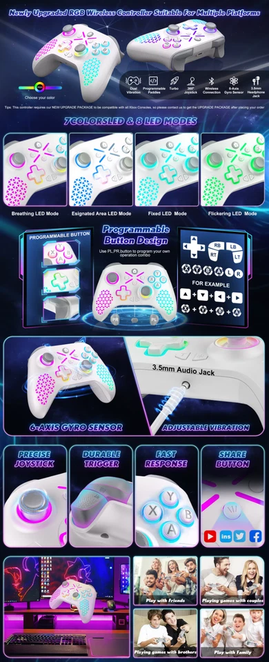 RGB Wireless Controller Gamepad For Xbox One Xbox Series X S & PC Vibration 2.4G - Image 2 of 4
