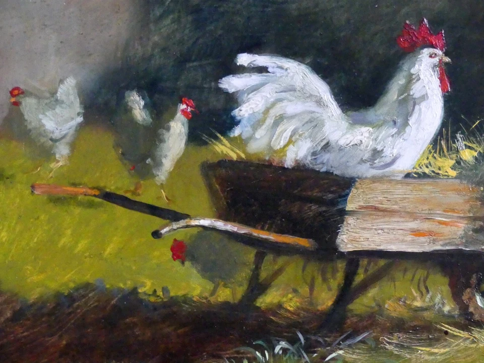 Huile Tableau Coq Poules Basse cour signé/encadré - Photo 4/4