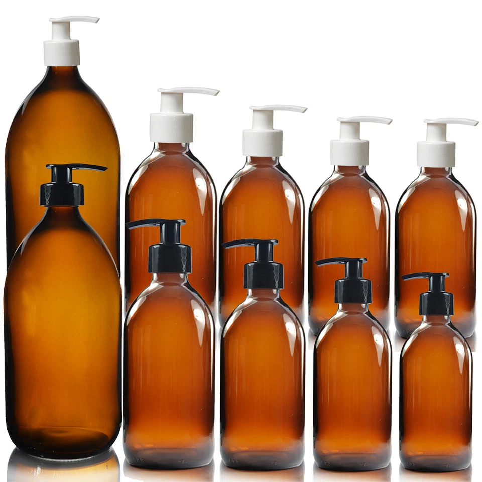 Amber GLASS Bottle Soap Dispenser Pump Lotion, Shampoo, Conditioner - Refillable