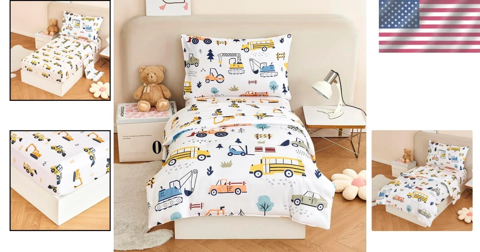 Juego de cama de 4 piezas para niños pequeños - Divertidos vehículos de construcción y comodidad de microfibra Foto 2 de 4