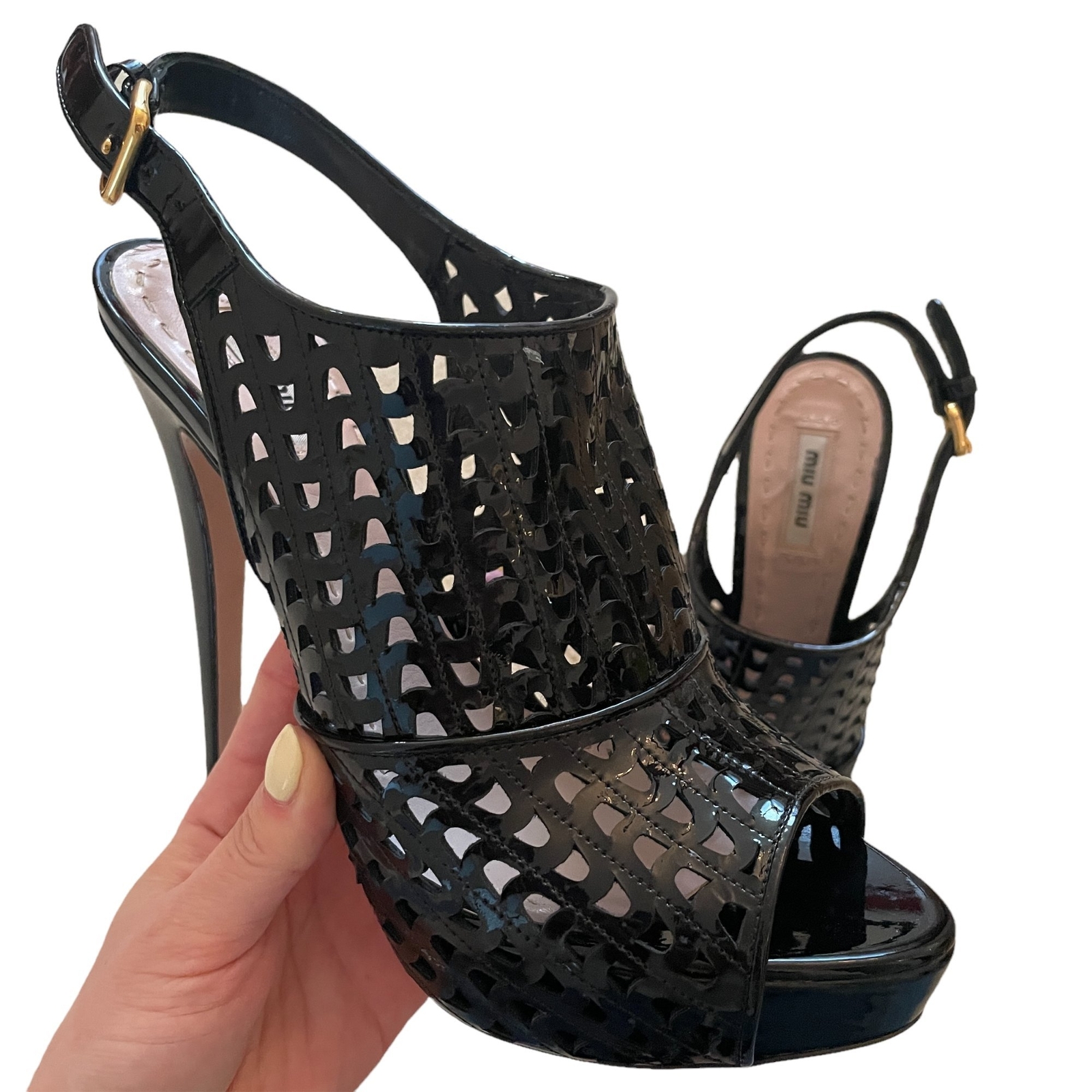 Miu Miu Leather Laser Cut Peep Toe Sandals Black 39 | eBay