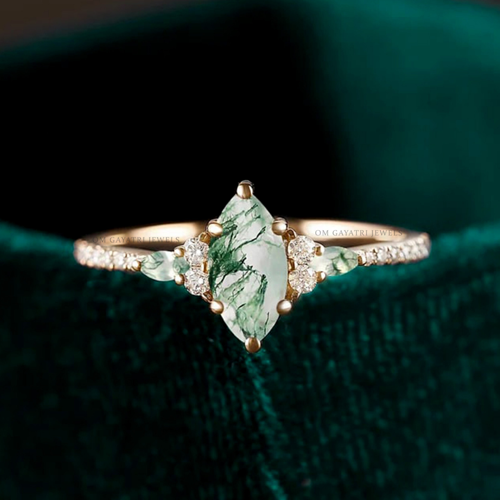 Marquise cut Moss Agate Engagement Ring Vintage Moissanite Wedding Ring for Her