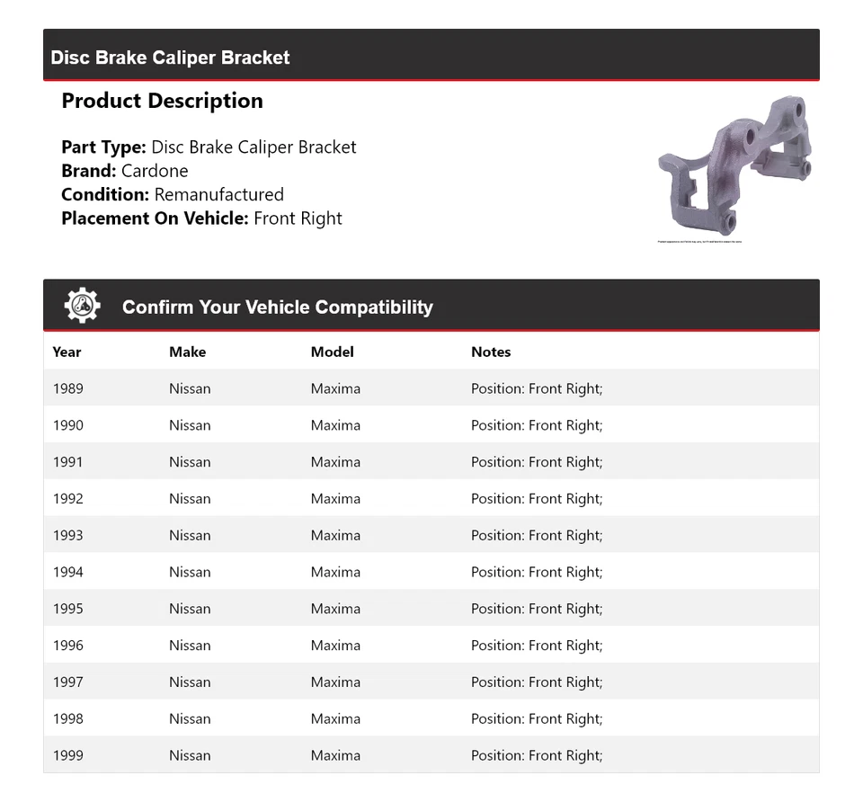Soporte de pinza de freno de disco delantero derecho cardone 1990 para Nissan Máxima 1989-1999 Foto 2 de 4