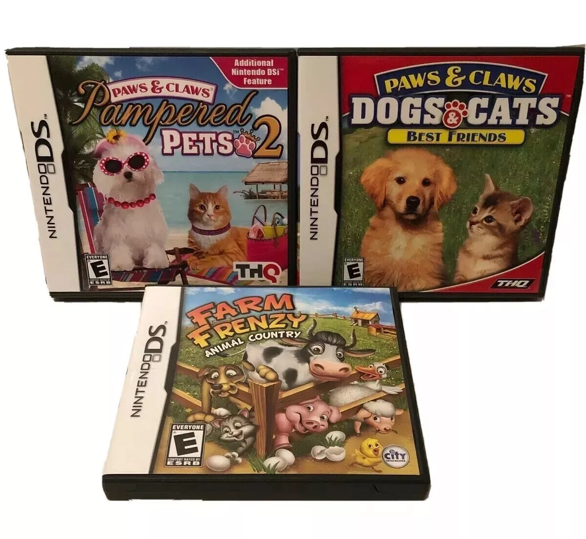 3 Nintendo DS Game Lot Paws & Claws Pampered Pets 2 ~ Dogs & Cats ~ Farm  Frenzy