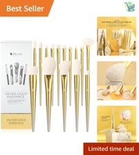 Luxury 15-Piece Vegan Makeup Brushes Set with Elegant Holder in Gold-Silver
