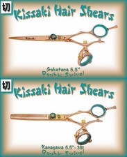 Kissaki Hair Scissors 5.5" 30t Rose Gold Blue Double Swivel Hair Shears Combo