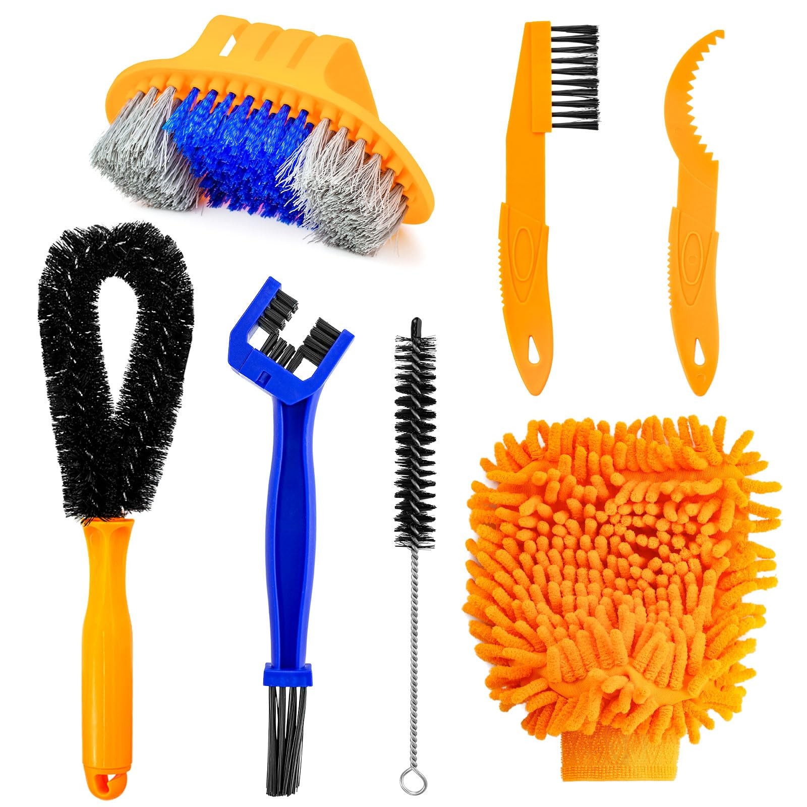 7 Pcs Bike Cleaning Brush Kit, 29 x 15.5 x 9.3 cm, Blue + Yellow (7 Pcs)
