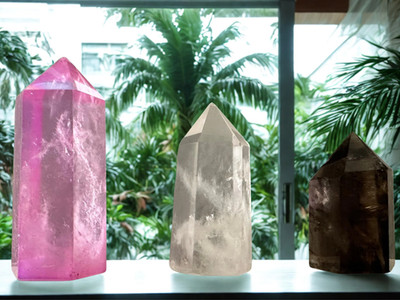 Desk Crystal Set: Selenite, Clear, Smoky, Pink Aura Quartz Towers