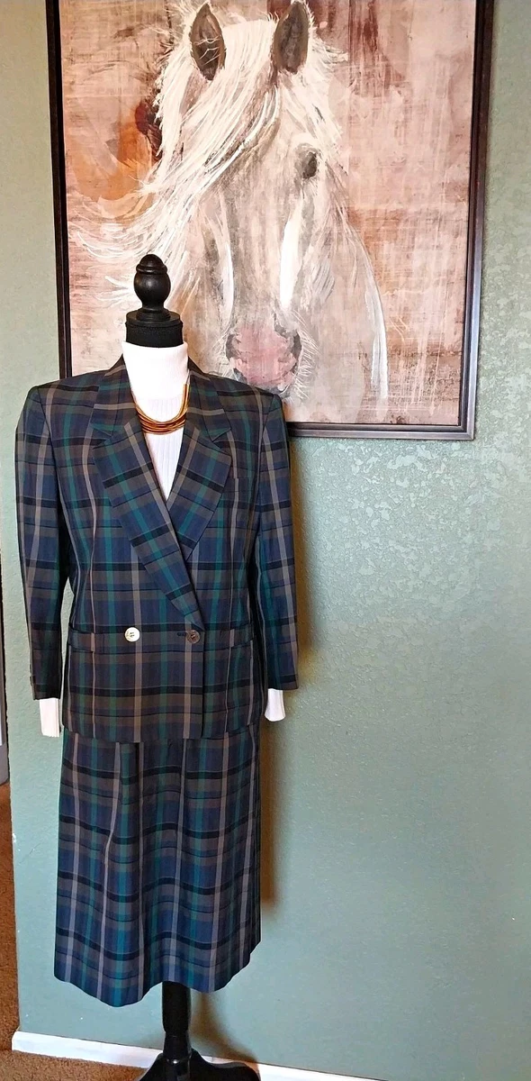 Conjunto de Traje Falda a Cuadros Burberrys Años 90 De Colección Blazer Doble Pecho Azul Verde 13BR