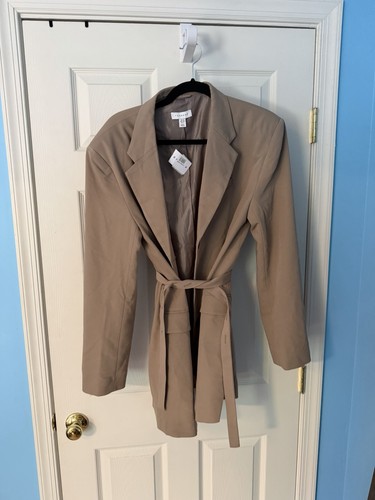 Topshop Beige Belted Long Blazer Jacket, Long Sleeve Button/Tie, US 8