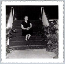 Vtg B&W Snapshot Woman Sitting On Steps Black Dress Scalloped Edge B&w Photo